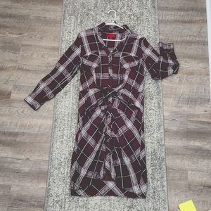 Jennifer Lopez Burgundy Plaid Long Sleeve Dress Large